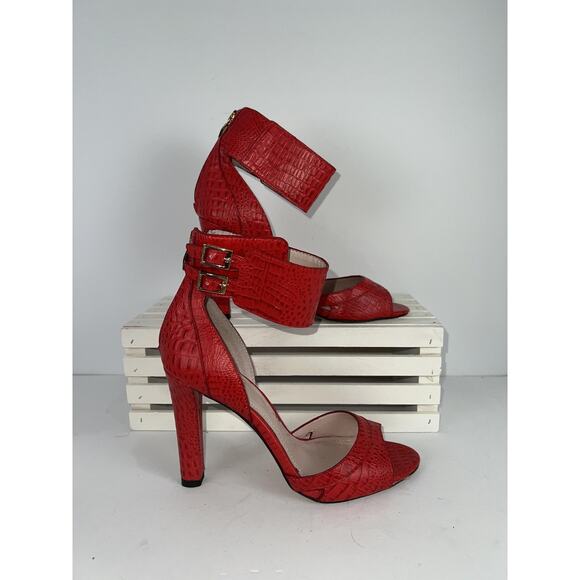 Vince Camuto Shoes Womens Size 6.5 Red Croc Embossed Ankle Strap Heels Sandals - Picture 1 of 6